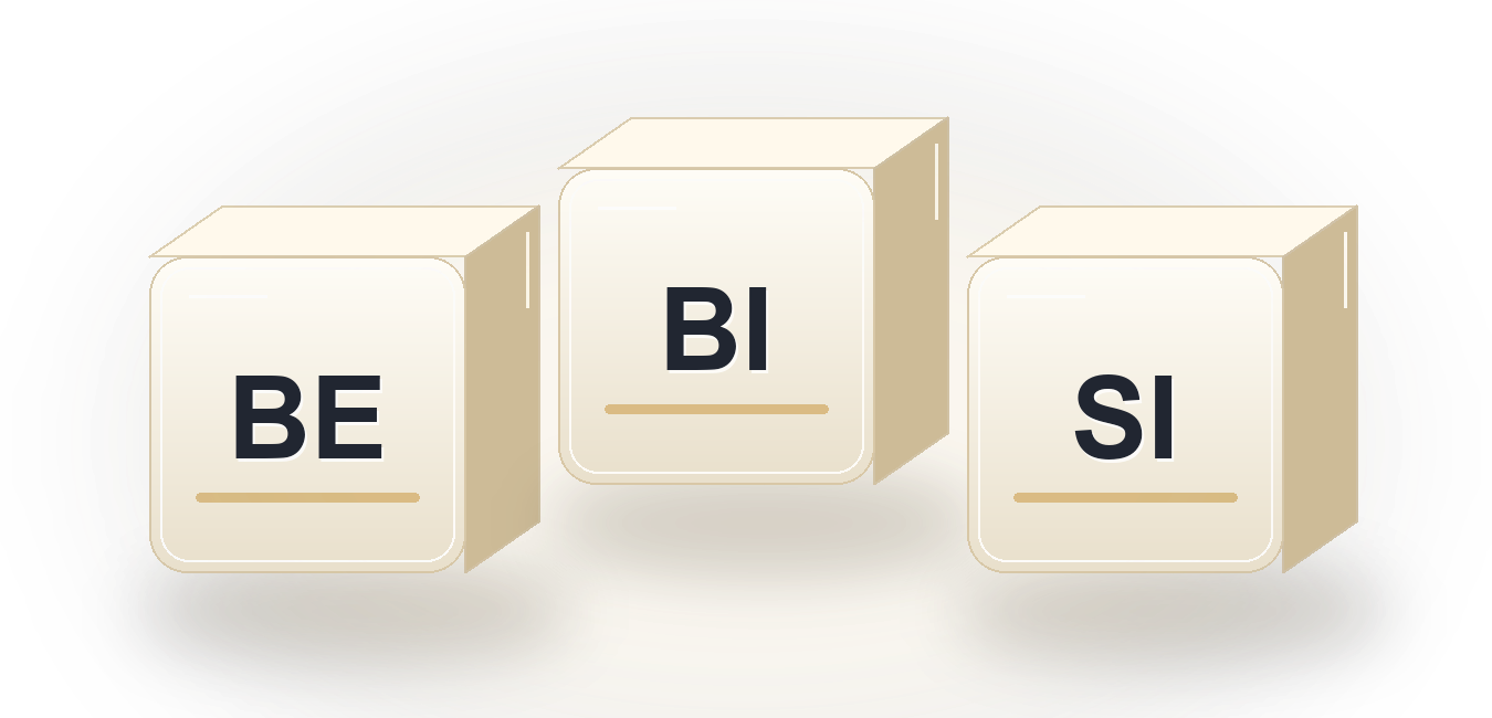 BE BI SI premium logo with three light 3D cubes